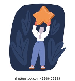Cartoon vector illustration of Woman Hold Yellow Star to Rate Service or Goods. Client Female Character Feedback and High Rating. Customer Review and User Rating Star over dark backgound