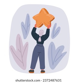 Cartoon vector illustration of Woman Hold Yellow Star to Rate Service or Goods. Client Female Character Feedback and High Rating. Customer Review and User Rating Star