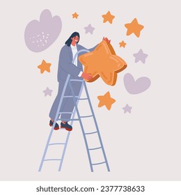 Cartoon vector illustration of Woman Hold Yellow Star to Rate Service or Goods. Client Female Character Feedback and High Rating. Customer Review and User Rating Star