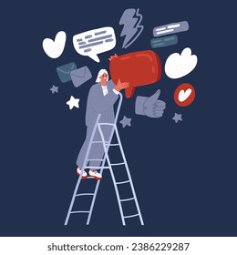 Cartoon vector illustration of woman hold dialog speech bubbles over dark backround