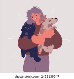 Cartoon vector illustration of woman hold pets portrait. Dogs, cats. Animal lover