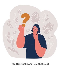 Cartoon vector illustration of woman hold mark dont know solution answer