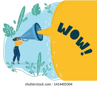 Cartoon vector illustration of Woman holding a megaphone on blue background. Big speech bubble with Woman on blue.