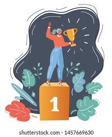 Cartoon vector illustration of woman holding number one gold trophy of achievement. Winning and cheering for successfully. Human character on dark.