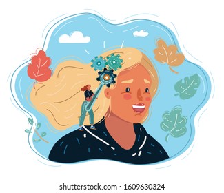 Cartoon vector illustration of woman holding wrench to fix the brain in human head. Fixing or changing, or make better way of thinking.