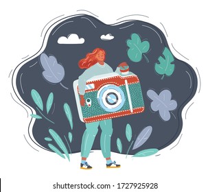 Cartoon vector illustration of Illustration of woman holding a big photo camera on dark.