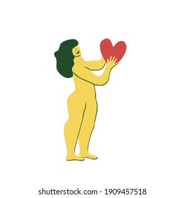 Cartoon vector illustration with woman  holding heart. Trendy female print design for card, t-shirt, poster.