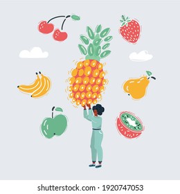 Cartoon Vector Illustration Of Woman Holding Big Giant Pineapple In His Hands And Stand On White Background. Different Fruit Around Of.