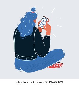 Cartoon Vector Illustration Woman Holding Phone. Back View On White Background.