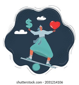 Cartoon vector illustration of woman holding heart and dollar in her hands. Balanced in her life.