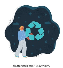 Cartoon vector illustration of woman holding recycling symbol. Character on dark backround.