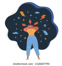 Cartoon vector illustration of woman holding his head in pain, , concept for stress, burnout, too much work over dark backround.