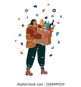 Cartoon vector illustration of woman holding paper shopping bag in mall