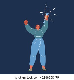 Cartoon vector illustration of woman holding glass of sparkling wine. Concept of champagne lover over dark backround.