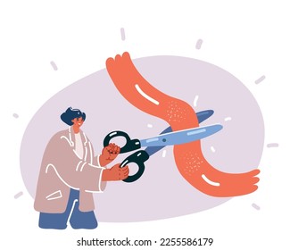 Cartoon vector illustration of woman holding scisssors Cutting Red Ribbon