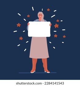 Cartoon vector illustration of woman holding banner, placard over dark backround