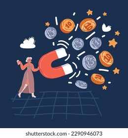 Cartoon vector illustration of woman holding a big magnet and attracting money. Investment attraction. Magnetic force. Earn money. Profit, income. various world currencies over dark background