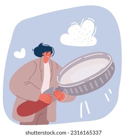 Cartoon vector illustration of Woman holding giant magnifying glass or loupe. Concept of SEO or search engine optimization, internet algorithm for increasing website visibility