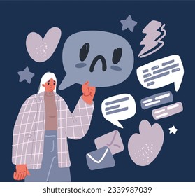 Cartoon vector illustration of woman holding speech bubble wtih speech ballon and sad expression on it over dark backround.