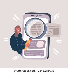 Cartoon vector illustration of Woman holding a magnifying glass looking at her screen phone. searching concept.