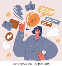 Cartoon vector illustration of Woman holding up his index finger and creating a new idea. Shiny light bulb. Business idea concept.