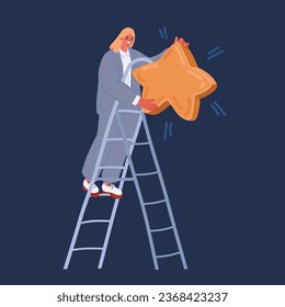 Cartoon vector illustration of woman holding gold star over dark backround