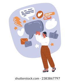 Cartoon vector illustration of woman holding blank speech bubble in hand. Communication and cooperation.
