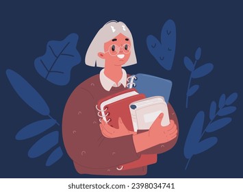 Cartoon vector illustration of Woman holding books. Girl enjoying literature, story. Studying, learning, self education, bookworm concept. International literacy day, book fair or festival over dark