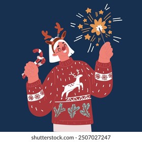 Cartoon vector illustration of woman holding sparkler in her hand and celebrating New Year and Christmas. in deer costume sweater celebrating Merry Christmass 