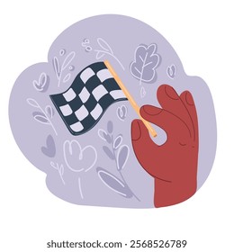 Cartoon vector illustration of Woman holding checkered finish flag