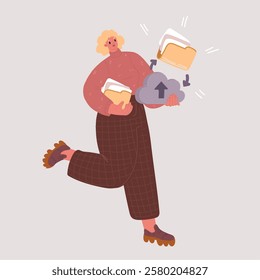Cartoon vector illustration of Woman holding folder with document. Concept of file download, data storage, cloud computing service, digital information organization.