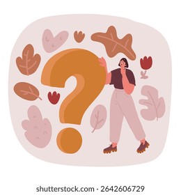 Cartoon vector illustration of Woman holding question mark sign