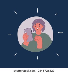 Cartoon vector illustration of woman holding smartphone icon over dark background
