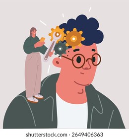 Ilustração vetorial de desenho animado de mulher segurando chave inglesa. Saúde mental. Mulher tenta consertar o cérebro de homem. psicoterapeuta, psicólogo, terapia psicológica ou conceito de manipulação.