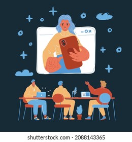 Cartoon vector illustration of woman holds smartphone online learning and training, video conference and webinar, publish information online in video on dark backround.