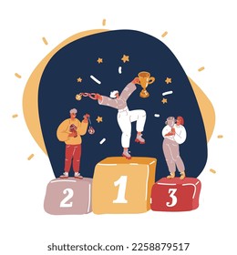 Cartoon vector illustration of Woman holds a golden cup. First place over dark background