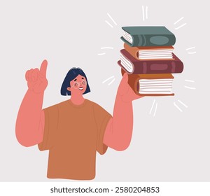 Cartoon vector illustration of woman holds in her arms hands many books prepare examination. Education concept