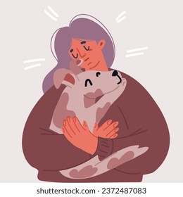 Cartoon vector illustration of woman hugs her dog with love, the concept of the relationship between people and their pets, adopt, shelter. Woman holding dog.