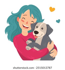 Cartoon vector illustration of woman hugs her dog with love, the concept of the relationship between people and their pets, adopt, shelter. A happy woman hugs her dog