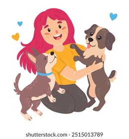 Cartoon vector illustration of woman hugs her dog with love, the concept of the relationship between people and their pets, adopt, shelter. A happy woman hugs her dog