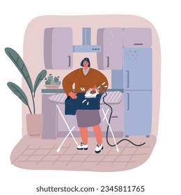 Cartoon vector illustration of woman ironing clothes on ironing board
