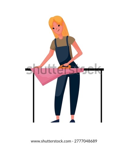 Cartoon vector illustration of a woman ironing fabric with an iron on a table. Flat style laundry and household concept isolated on white background.
