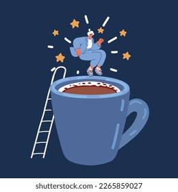 Cartoon vector illustration of woman jump into big coffe mug over dark background