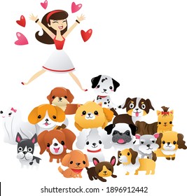 A cartoon vector illustration of woman jumping out of joy at a group of cute puppies.