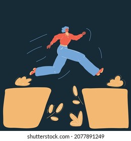 Cartoon vector illustration of woman jumping over the mountains at sunset