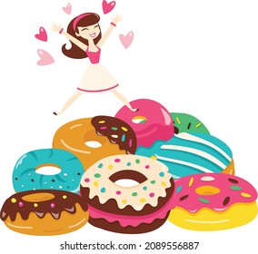 Una caricatura vectorial ilustración de una mujer saltando de alegría en una pila de adorables coloridas colección de donuts.