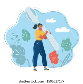 Cartoon vector illustration of Woman in kitchen. Cook an eat. Tiny female character with big spoon in her hands.