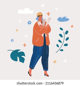 Cartoon vector illustration of woman lady engineer in helmet