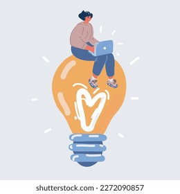 Cartoon vector illustration of woman with laptop on lightbulb