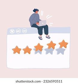 Cartoon vector illustration of woman with laptop are giving review rating and feedback. Customer choice. Rank stars feedback in browser windows